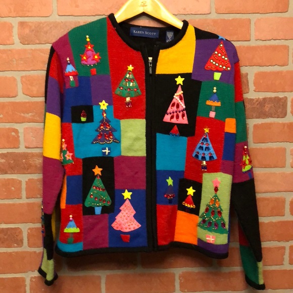 Karen Scott Sweaters - Vintage 80s Christmas sweater cardigan trees (4A51